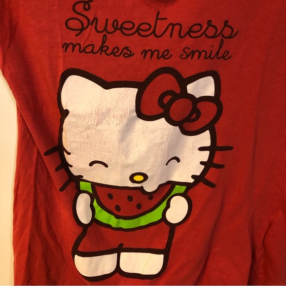 Hello Kitty Woman’s T-Shirt L Red Cotton Cap Sleeve V-Neck watermelon Sweetness - Picture 4 of 7